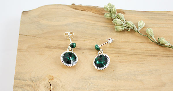 Orecchini in argento 925 con Malachite e cabochon Swarovski o PureCrystal