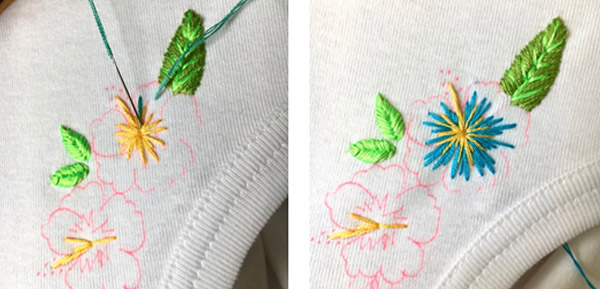Tutorial per fregio Hibiscus fai-da-te su colletto a T-shirt Tutoriel DIY broderie frise Hibiscus sur un col de tee-shirt