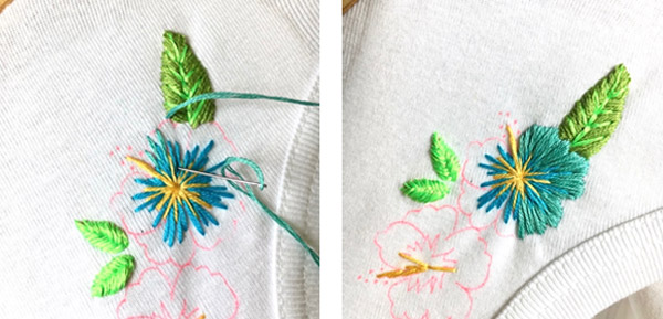 Tutorial per fregio Hibiscus fai-da-te su colletto a T-shirt Tutoriel DIY broderie frise Hibiscus sur un col de tee-shirt