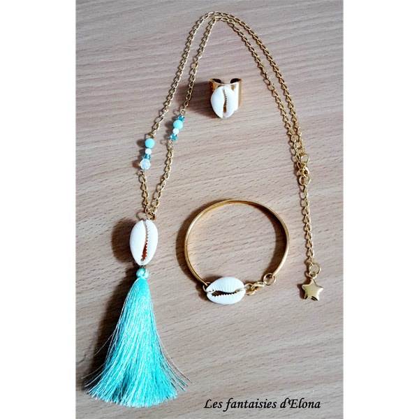 Parure 3 pezzi conchiglie e pompon