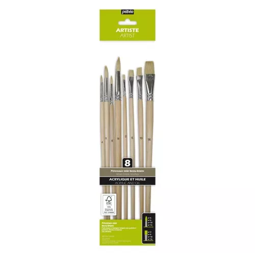 Set di 8 pennelli setole seta piatti e rotondi Pébéo - Beau Blanc