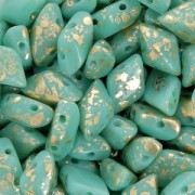 Perline in vetro Gemduo 2 fori 8x5 mm Green Turquoise Gold Splash x10g|raw }}