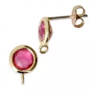 Orecchini rotondi con pietra imitazione Turmalina Rosa e anellino 7mm Dorato con oro fino x2