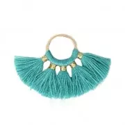 Piccolo pendente ventaglio con pompons sintetici 20x29 mm Petrolio/dorato x1
