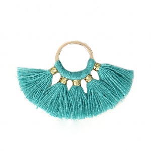 Piccolo pendente ventaglio con pompons sintetici 20x29 mm Petrolio/dorato x1