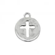 Ciondolo medaglia traforata con croce centrale 13x16 mm rodiato x1
