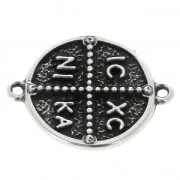 Distanziatore ovale 2 anellini simbolo croce 23x18 mm placcatura argento fino anticato x1