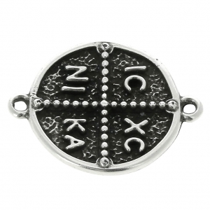 Distanziatore ovale 2 anellini simbolo croce 23x18 mm placcatura argento fino anticato x1