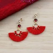 Piccolo pendente ventaglio con pompons sintetici 20x29 mm Corallo Fluo/argento x1