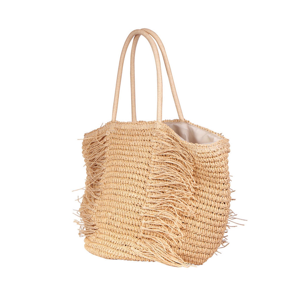 Borsa morbida in rafia a frange - chiusura con cordone 30x50 cm Naturale x1  - Perles \u0026 Co