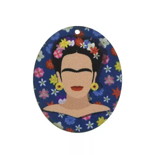 Pendente ovale Mexicaine in legno tinto 45x37mm - Blu/Bianco x1