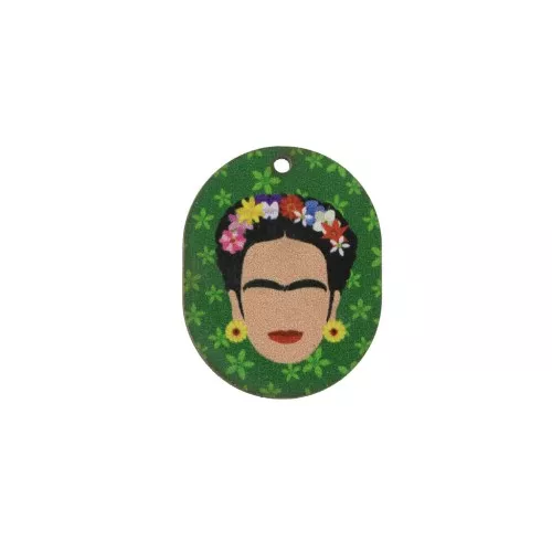 Pendente ovale Mexicaine in legno tinto 30x24mm - Verde/Bianco x1