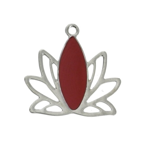 Pendenti a forma di fiore di loto in ottone e resina epossidica 15x16 mm Argento / Rosso scuro x4