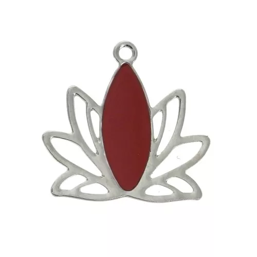 Pendenti a forma di fiore di loto in ottone e resina epossidica 15x16 mm Argento / Rosso scuro x4