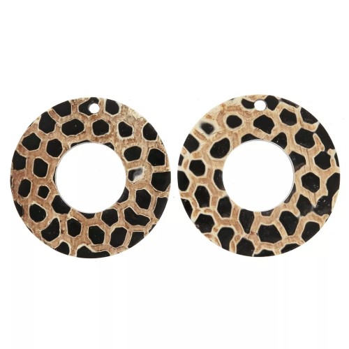 Pendenti etnici rotondi in corno leopardati 48 mm Nero/Marrone x2