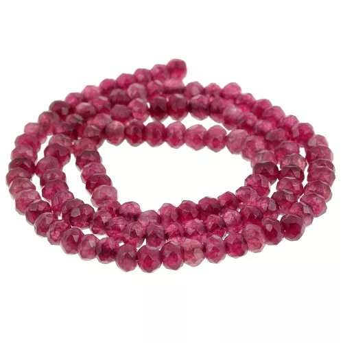 Perle tonde appiattite sfaccettate 4x3mm Quarzo Fuschia colorato pietra semipreziosa x35cm
