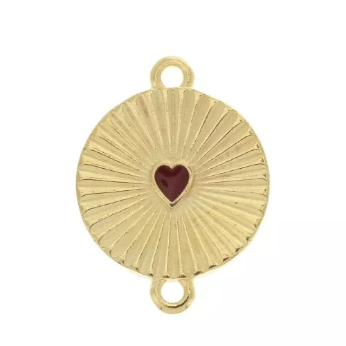 Distanziatore rotondo con cuore in resina epossidica 21x15.8 mm - Dorato con oro fino/Rosso x1