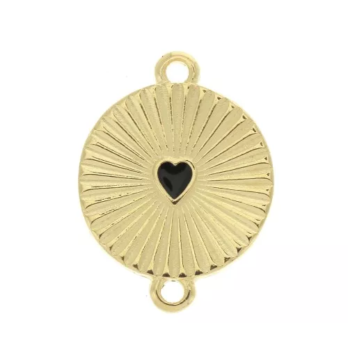 Distanziatore rotondo con  cuore in resina epossidica 21x15.8 mm Dorato con oro fino/nero x1
