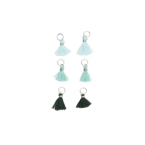 Pompons in cotone 11 mm con anello aperto - Turchese/verde scuro/blu/argento x6