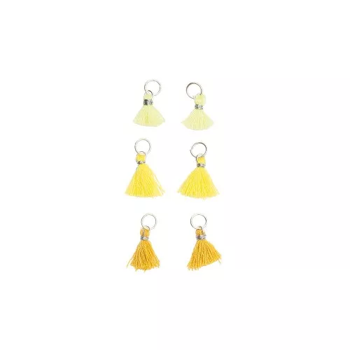 Pompons in cotone 11 mm con anello aperto - Giallo/Giallo fluo/Senape/Argento x6