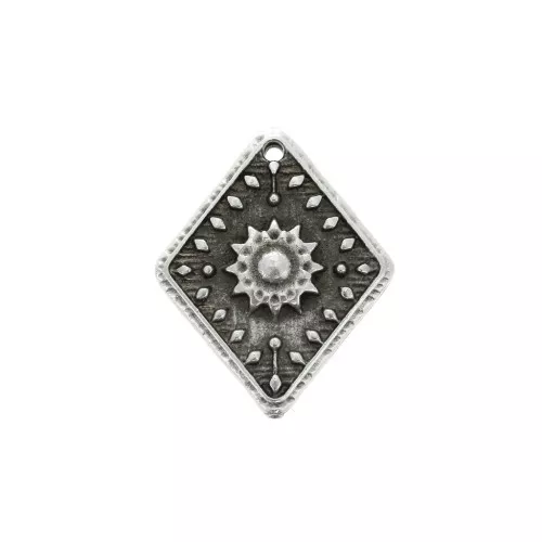 Pendente con rombo lavorato Zamac motivo etnico 24x20 - Placcatura Argento Antico