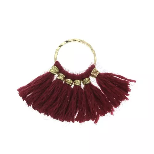 Piccolo pendente ventaglio con pompons sintetici 15x20 mm Bordeaux / Dorato x1