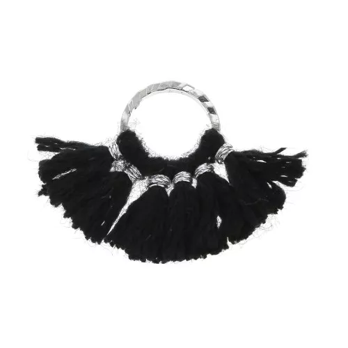 Piccolo pendente ventaglio con pompons sintetici 15x20 mm Nero / Argentato x1
