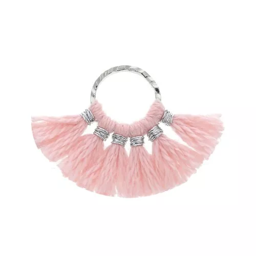 Piccolo pendente ventaglio con pompons sintetici 15x20 mm Rosa / Argentato x1