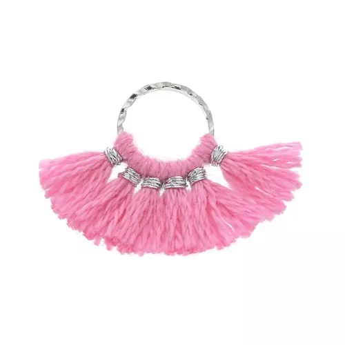 Piccolo pendente ventaglio con pompons sintetici 15x20 mm Rosa Vivo / Argentato x1
