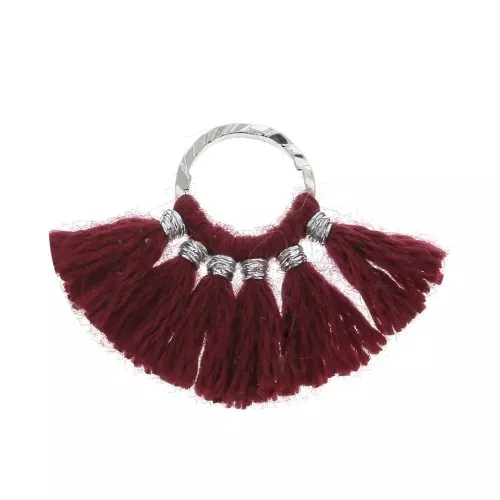 Piccolo pendente ventaglio con pompons sintetici 15x20 mm Bordeaux / Argentato x1