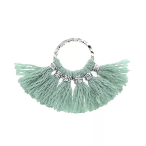 Piccolo pendente ventaglio con pompons sintetici 15x20 mm Celadon / Argentato x1