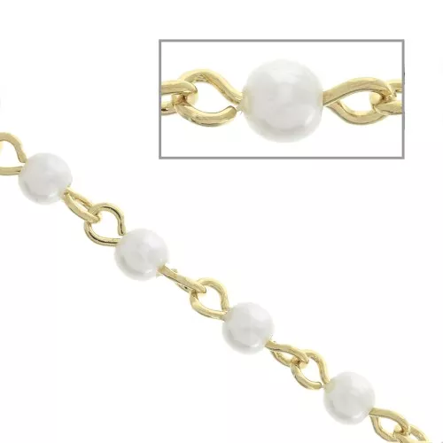 Catina in ottone con perline imitazione madreperla 4mm Bianco-Dorado con oro fix1m
