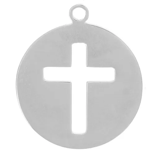 Ciondolo a croce scavato rotondo da 12 mm in acciaio inossidabile 316L x1