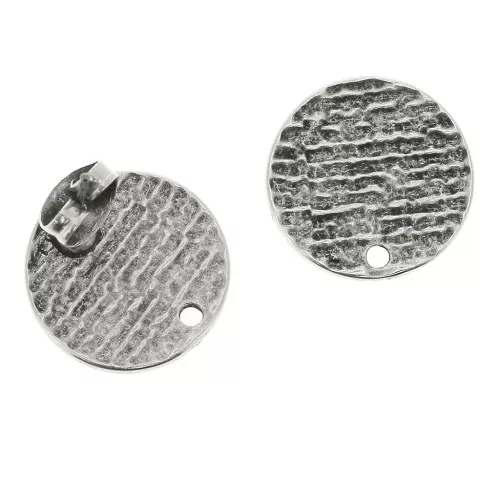 Orecchini tondi testurizzati da decorare in zamac 15 mm - placcatura argento fino anticato x2