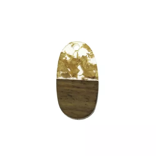 Pendente ovale 27x15 mm in resina imitazione legno con frammenti d'oro x1