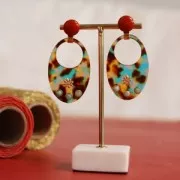 Pendente ovale acetato 48.5x32 mm - Guscio di tartaruga Marrone - Blu x1