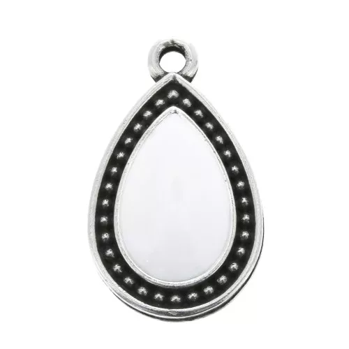 Pendente goccia lavorato con resina époxy 21x12 mm Arginto invecchiato - Bianco x1