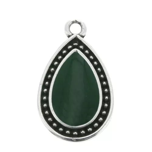 Pendente goccia lavorato - resina époxy 21x12 mm Arginto invecchiato - Verde abete x1