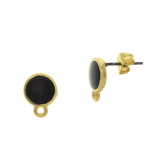 Orecchini rotondo in resina époxy con anello 11.5x9 mm - Dorato con oro fino - Nero x2