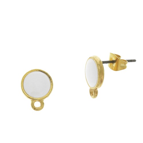 Orecchini rotondo in resina époxy con anello 11.5x9 mm - Dorato con oro fino - Bianco x2