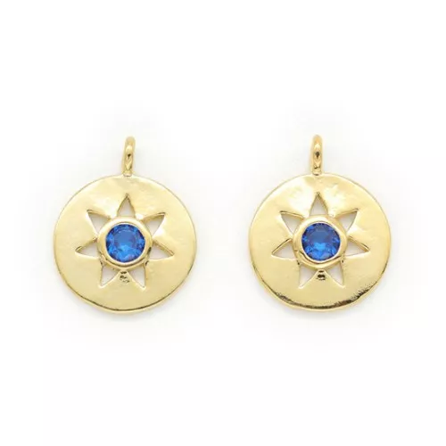 Ciondolo rotondo - stella con Ossido di zirconio 13x10.5 mm - Oro - Blu x1
