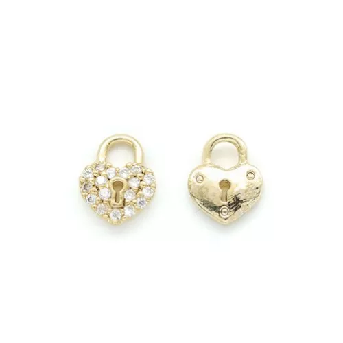 Ciondolo lucchetto forma di cuore con Ossido di zirconio 8x6.5 mm - Oro Crystal x1