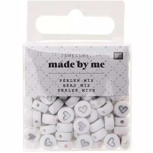 Assortimento di 165 perline- cuori - 7 mm Bianco - Argento