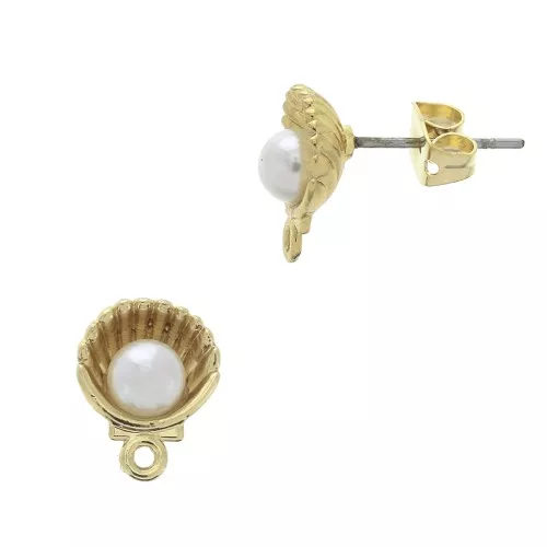 Orecchini conchiglie con perle imitazione madreperla 11.5x9 mm Dorato con oro fino - Bianco x2