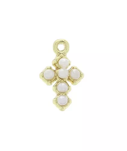 Mini ciondolo croce in zamak perle imitazione madreperla 10x6mm-Bianco-Dorato x1