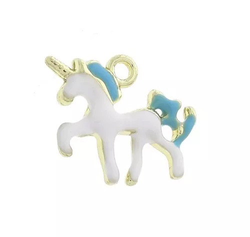 Ciondolo Unicorno in zamac e resina epossidica 14x17 mm - Bianco - Blu - Dorato x1