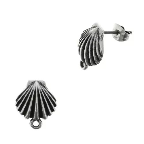 Chiodi di orecchie conchiglie con anello chiuso 15x12 mm-placcatura argento fino anticato x2