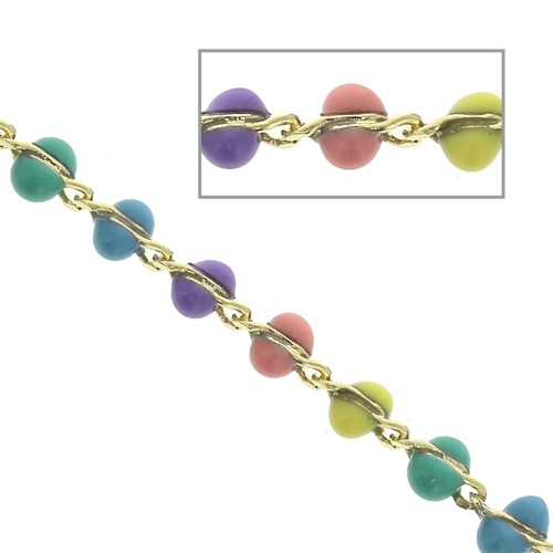 Catena maglia fantasia 3mm con perle in resina epoxy - Pastello - Dorata x50cm