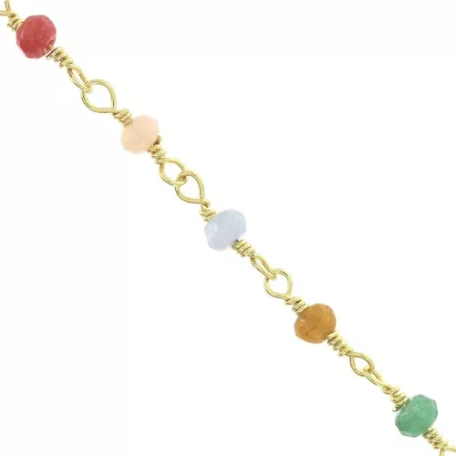 Catena maglia fantasia perle imitazione giada tinta 4 mm - Dorato x1m