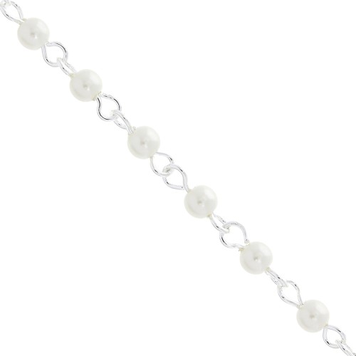 Catena maglia fantasia con perle imitazione madreperla 4mm Bianco - Placcatura argento fino x1m